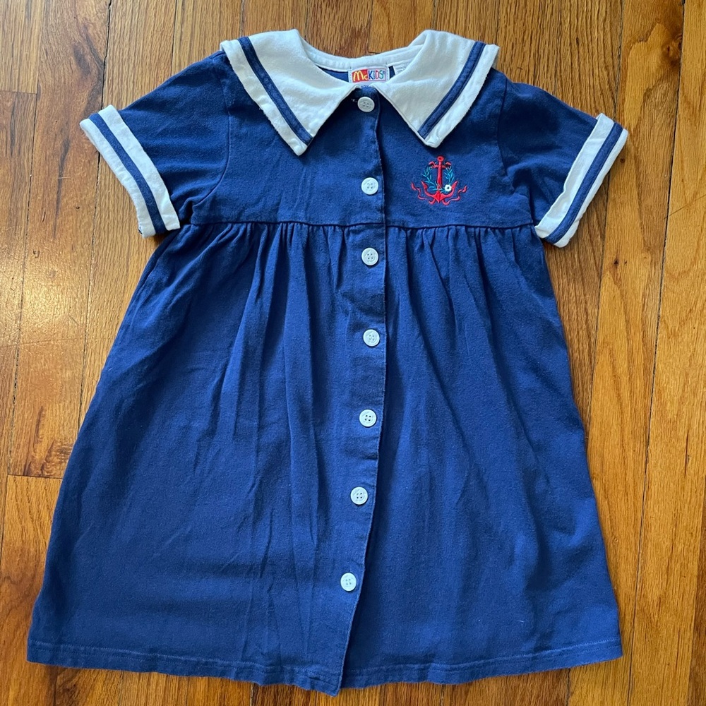 McKids vintage Navy Blue Nautical Dress with Anchor Detail White Cotton Collar